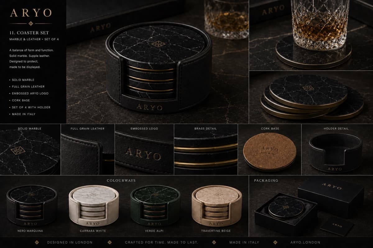 Marble & Leather Coaster Set in Nero / Espresso