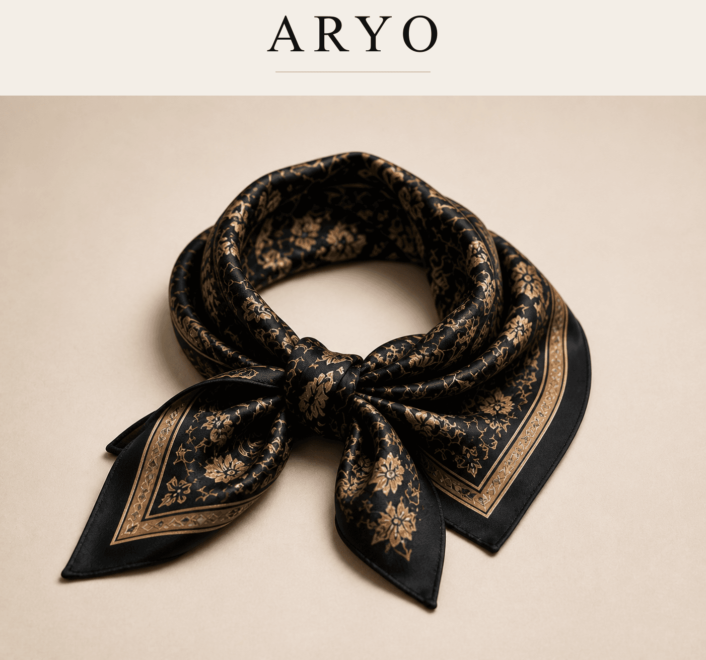 ARYO silk headscarf in a Persian-inspired black and gold pattern